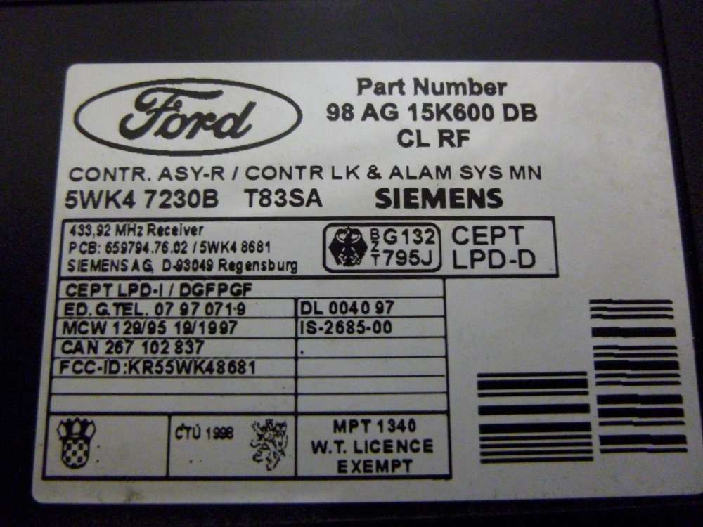 Ford Focus Bj:2002 Steuergert 98AG15K600DB 5WK47230B